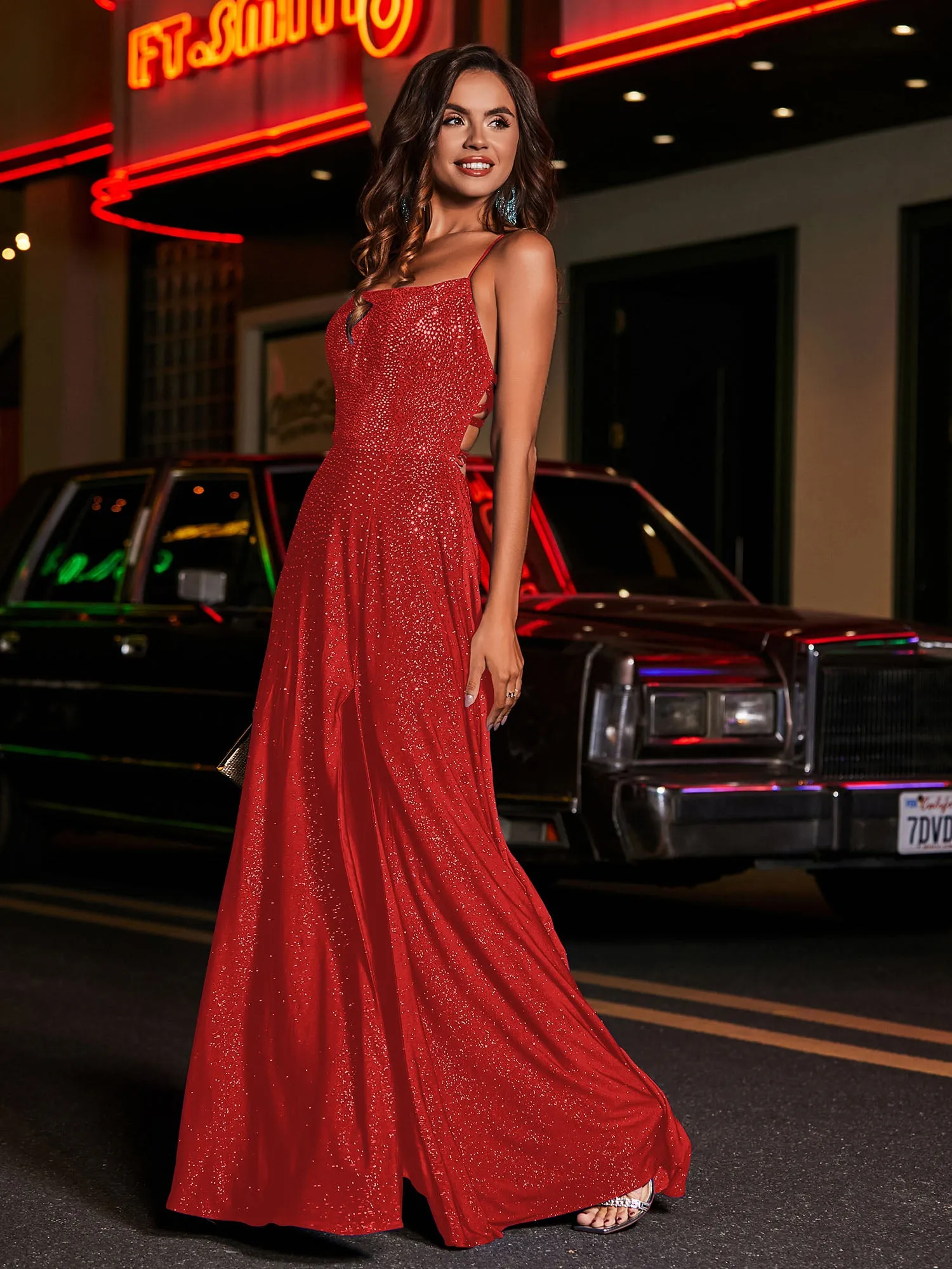 High Slit Lace Up Back Beaded Gown Red