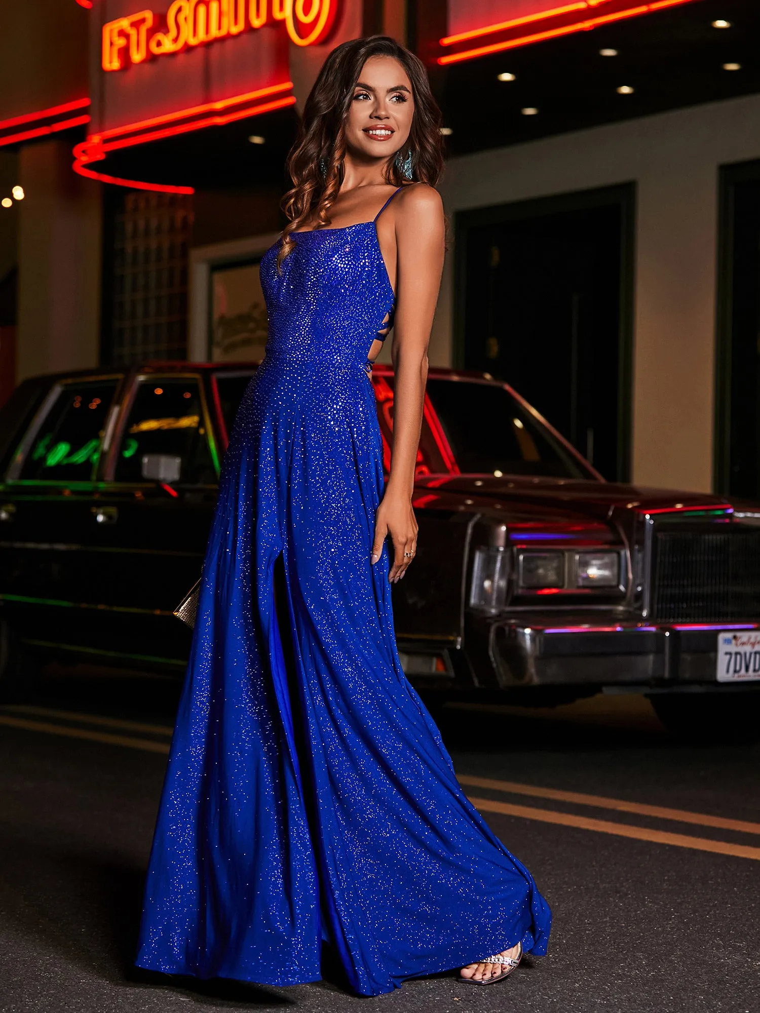 High Slit Lace Up Back Beaded Gown Royal Blue