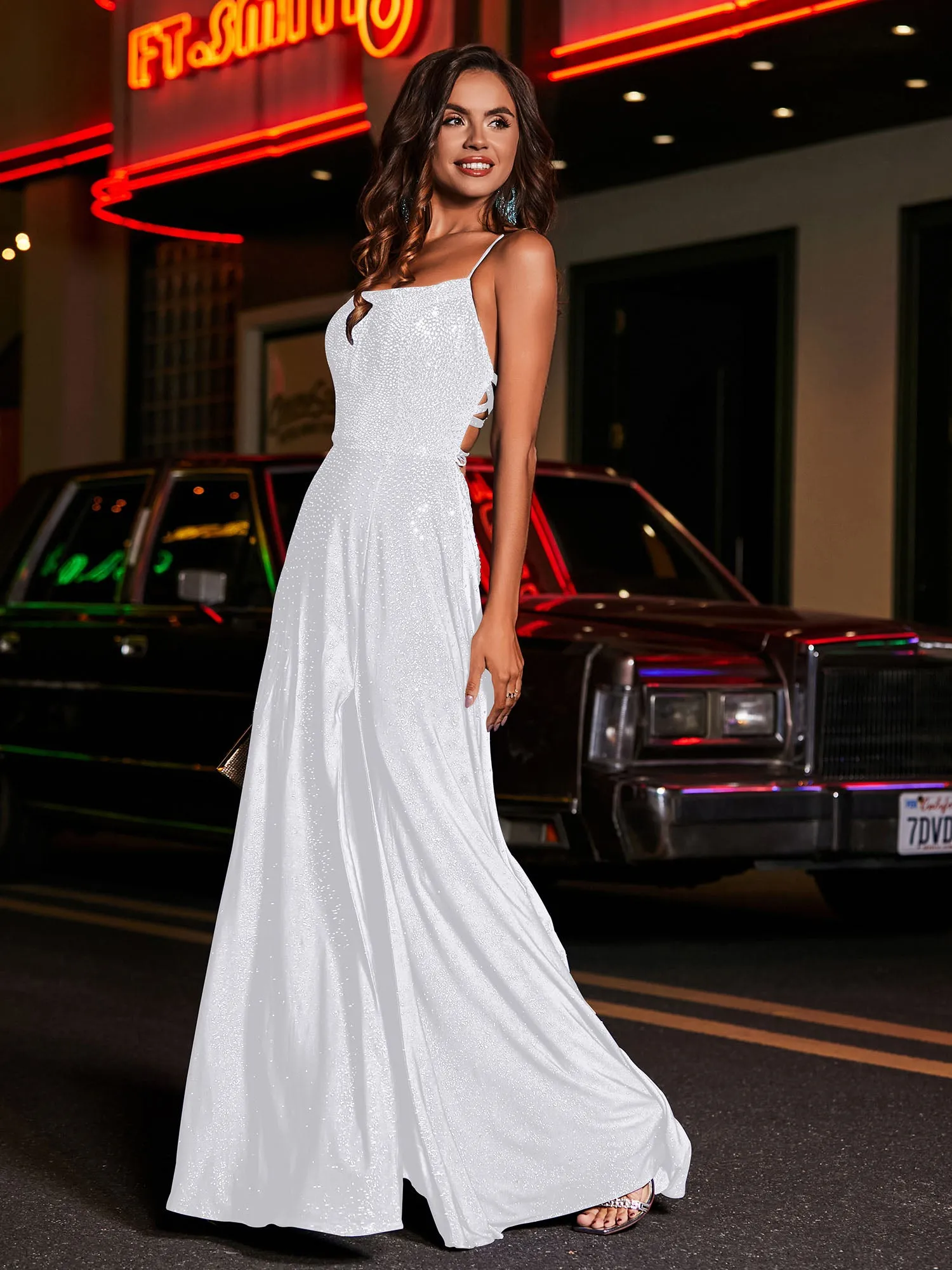 High Slit Lace Up Back Beaded Gown White