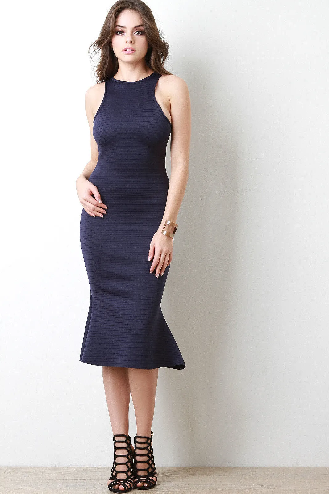 Horizontal Texture Neoprene Mermaid Midi Dress