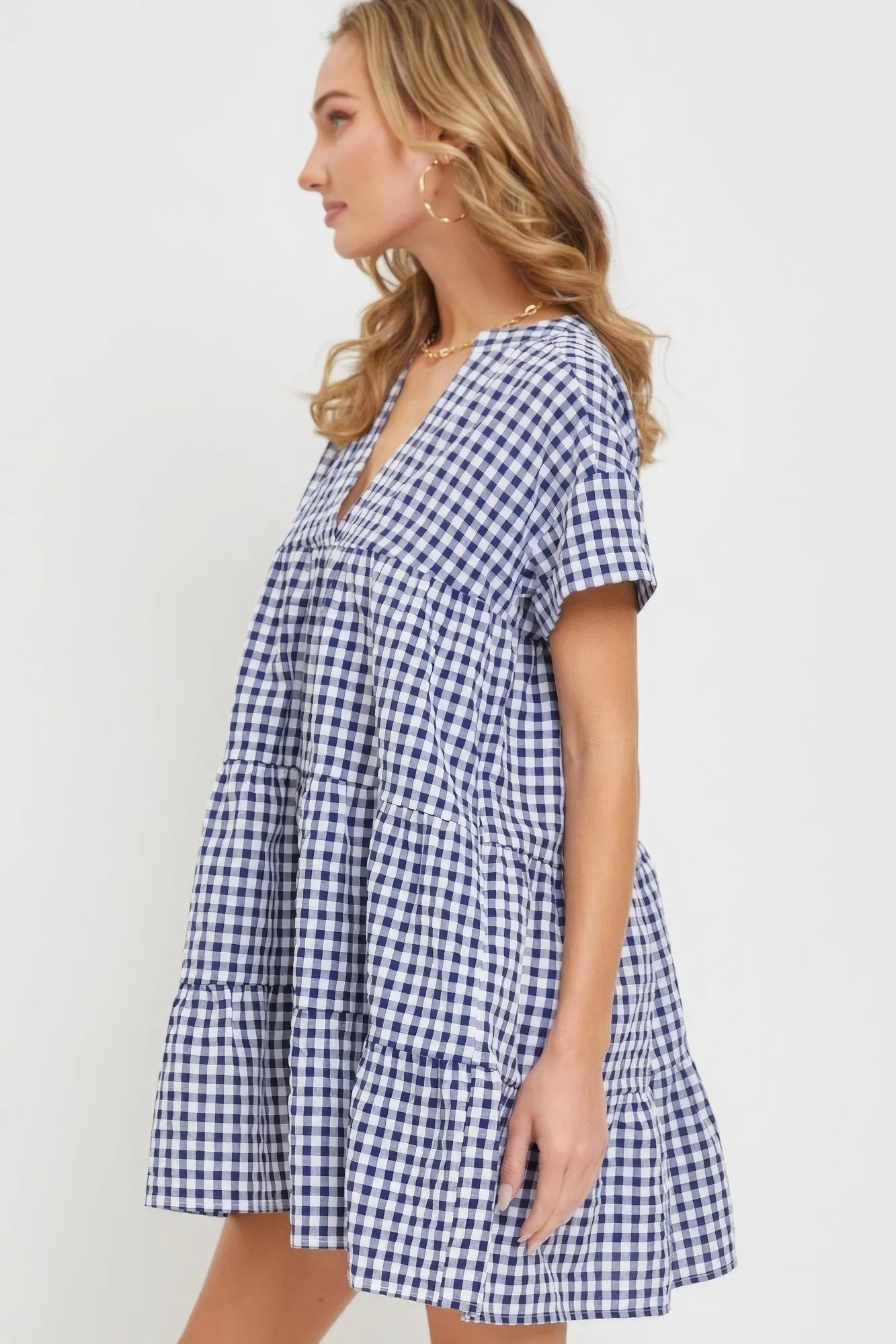 Hot Girl Cotton Blend Bodydoll Gingham Mini Dress In Navy