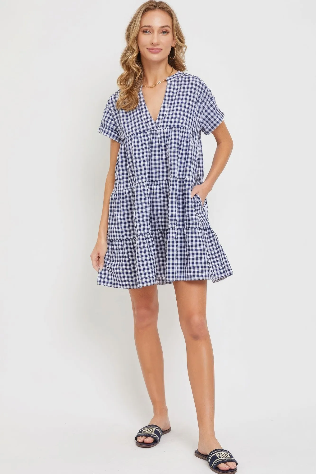 Hot Girl Cotton Blend Bodydoll Gingham Mini Dress In Navy
