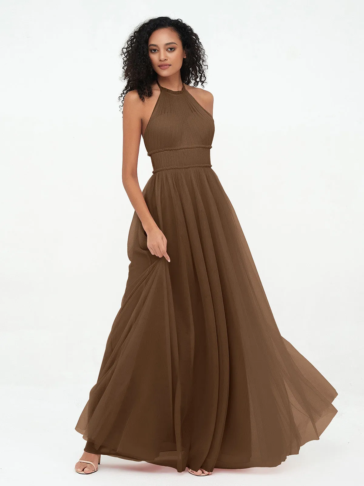 Illusion Halter Tulle Maxi Boho Dresses-Brown