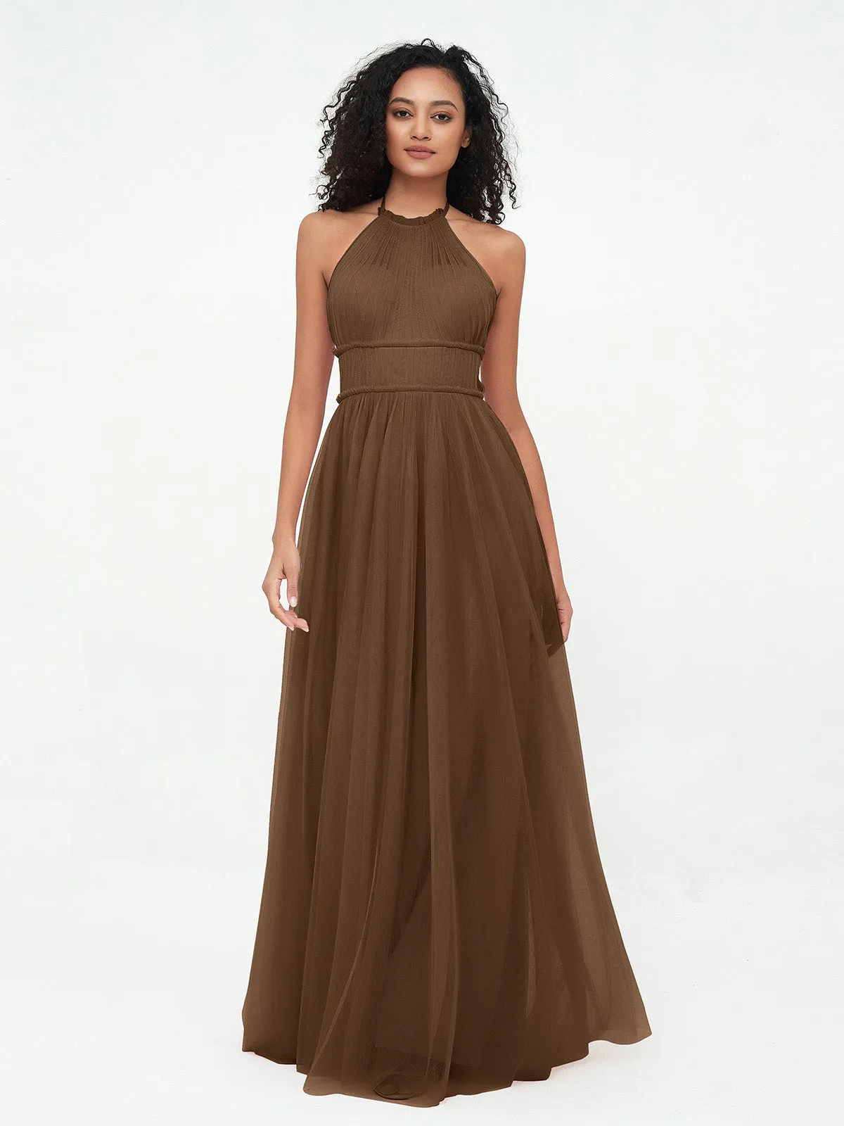 Illusion Halter Tulle Maxi Boho Dresses-Brown