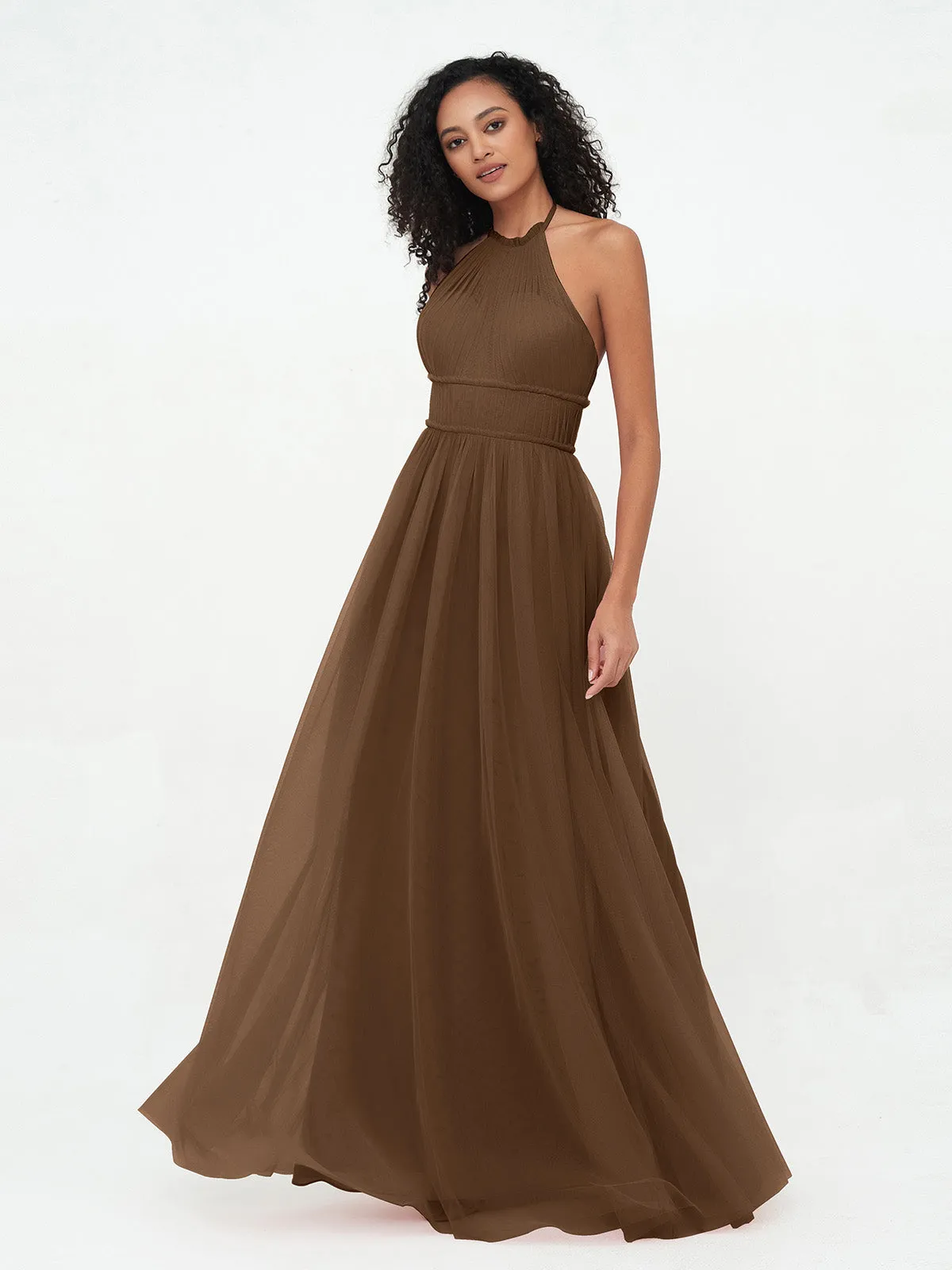 Illusion Halter Tulle Maxi Boho Dresses-Brown