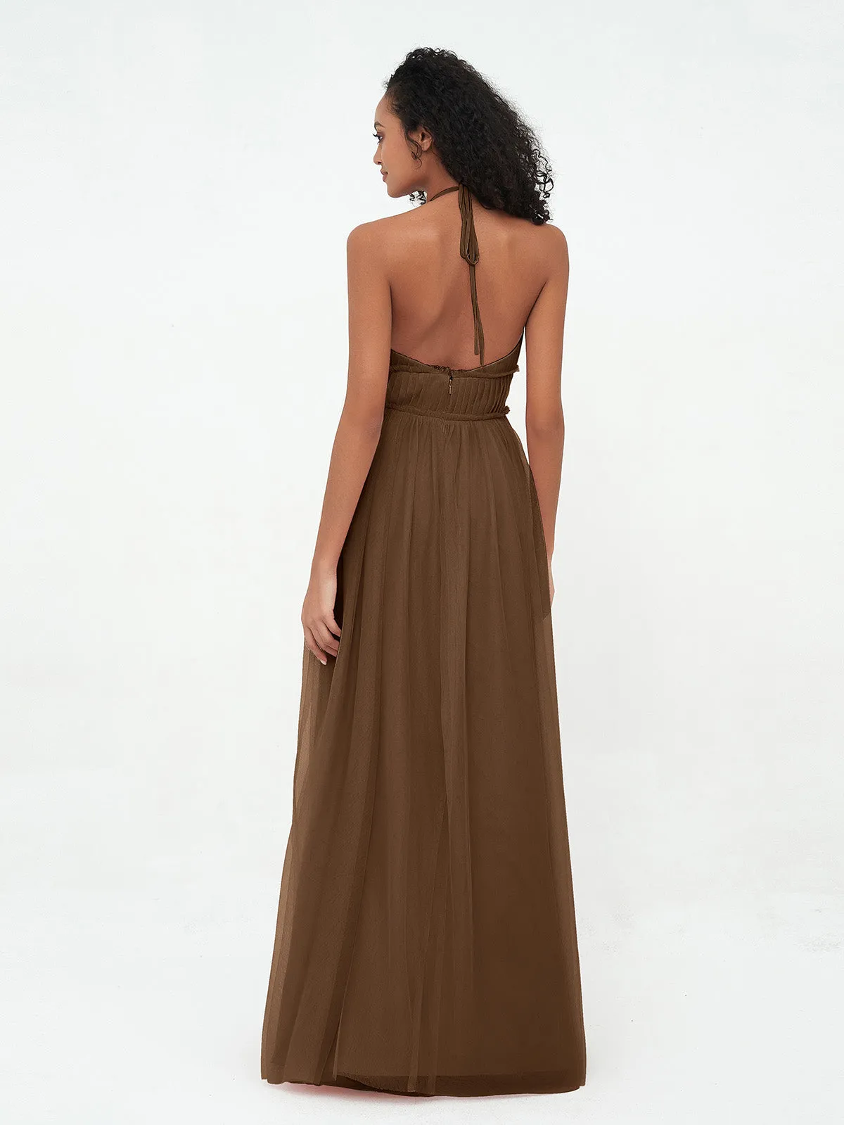 Illusion Halter Tulle Maxi Boho Dresses-Brown