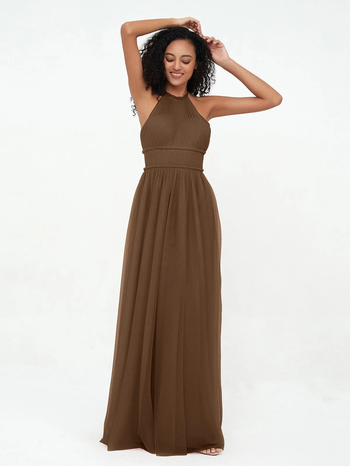 Illusion Halter Tulle Maxi Boho Dresses-Brown