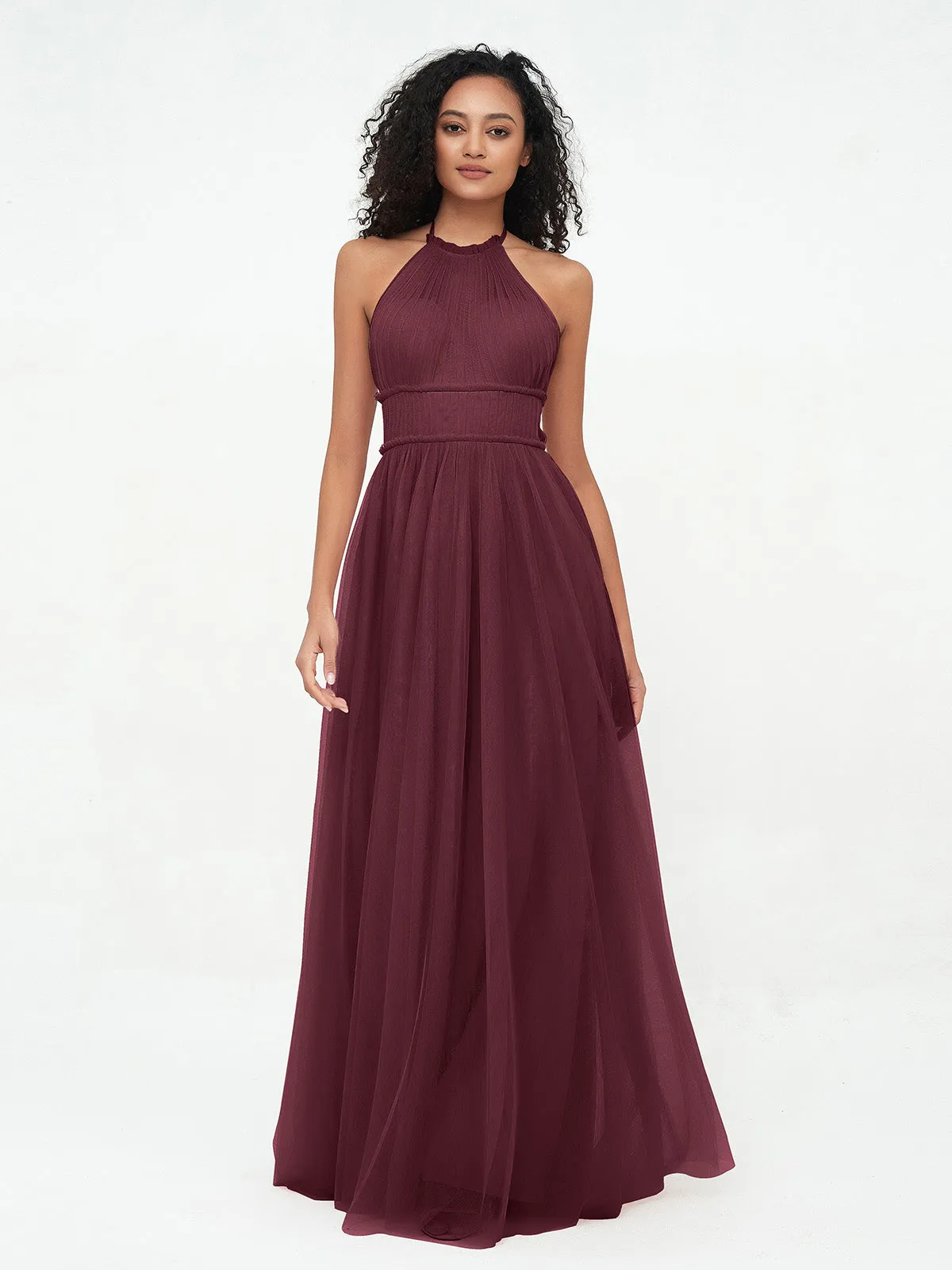 Illusion Halter Tulle Maxi Boho Dresses-Cabernet