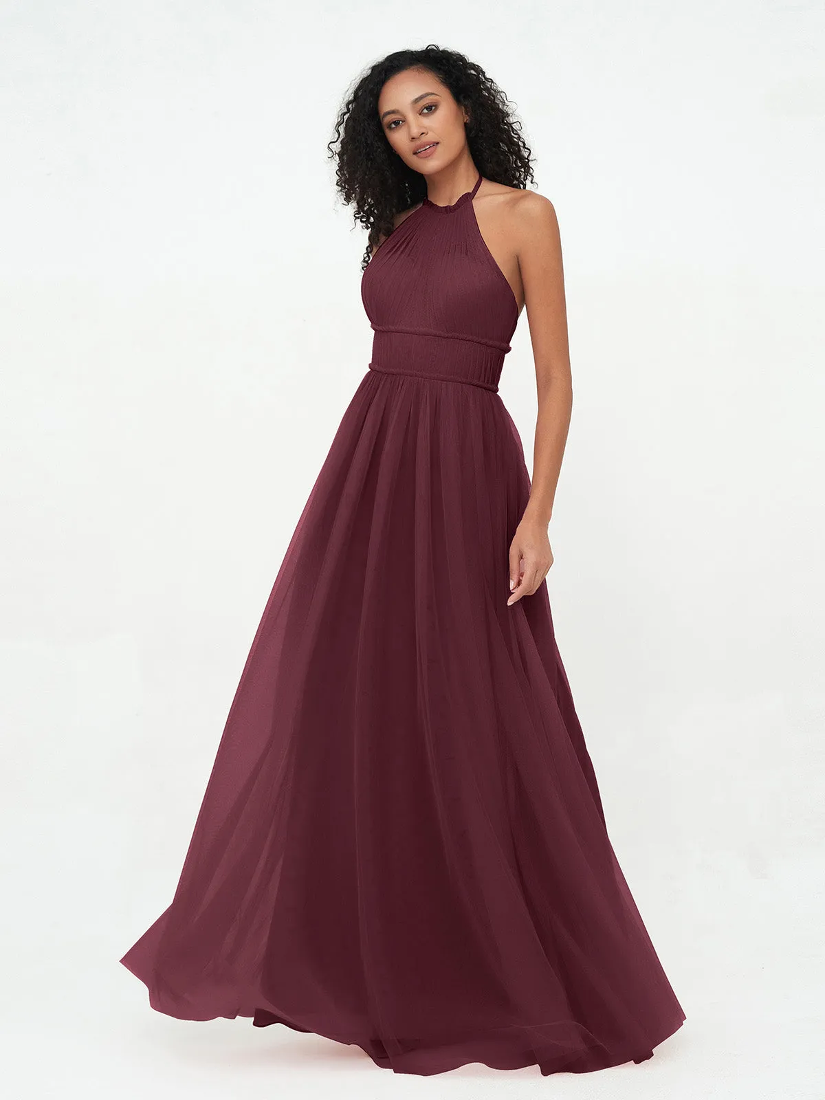 Illusion Halter Tulle Maxi Boho Dresses-Cabernet