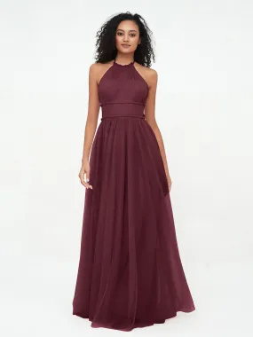 Illusion Halter Tulle Maxi Boho Dresses-Cabernet