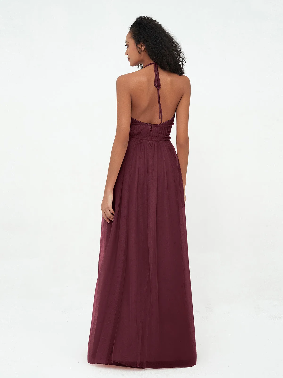 Illusion Halter Tulle Maxi Boho Dresses-Cabernet