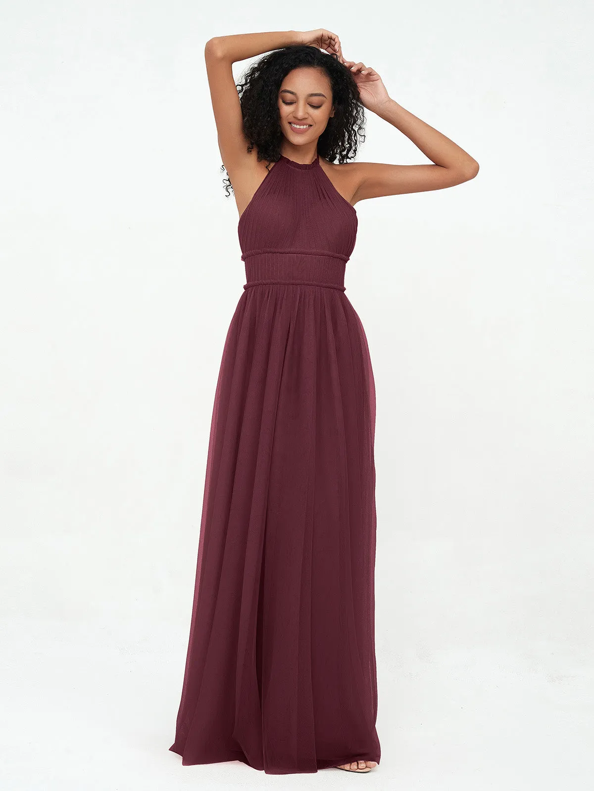 Illusion Halter Tulle Maxi Boho Dresses-Cabernet