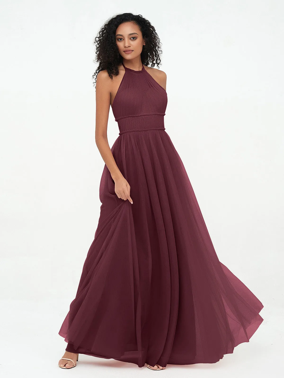 Illusion Halter Tulle Maxi Boho Dresses-Cabernet