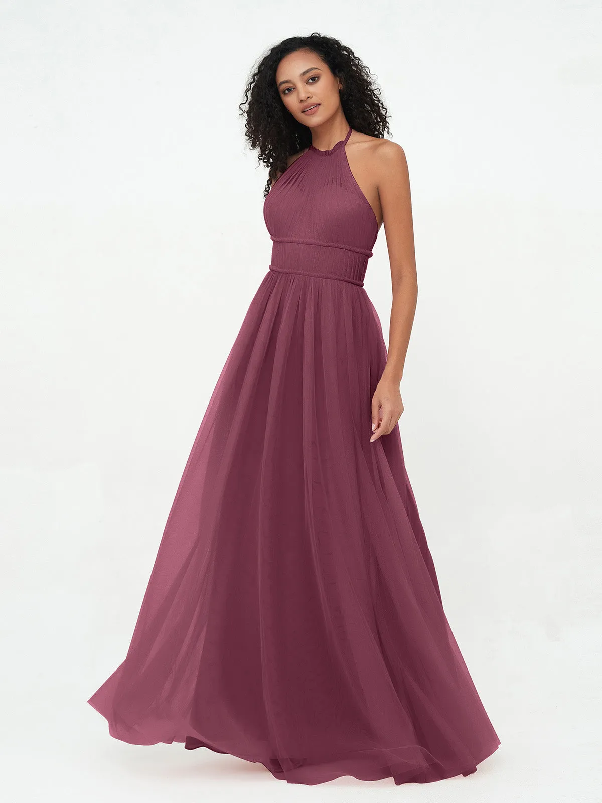 Illusion Halter Tulle Maxi Boho Dresses-Mulberry Plus Size