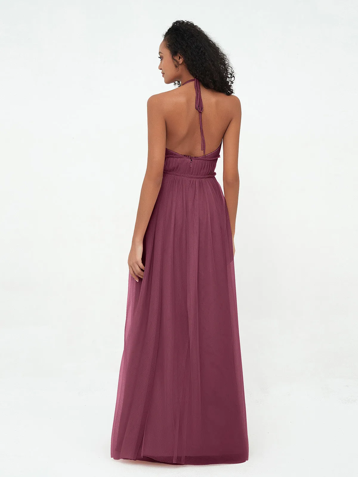 Illusion Halter Tulle Maxi Boho Dresses-Mulberry Plus Size