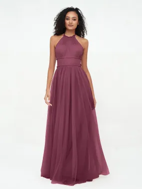 Illusion Halter Tulle Maxi Boho Dresses-Mulberry Plus Size