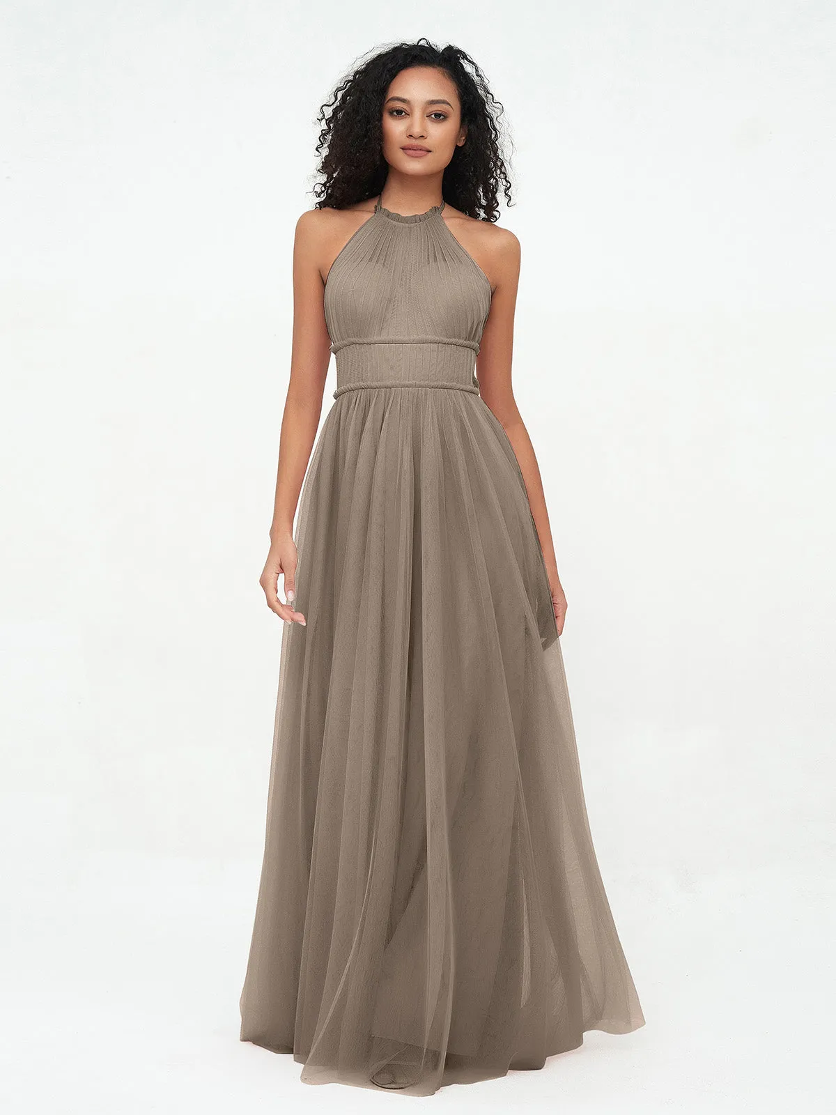 Illusion Halter Tulle Maxi Boho Dresses-Taupe