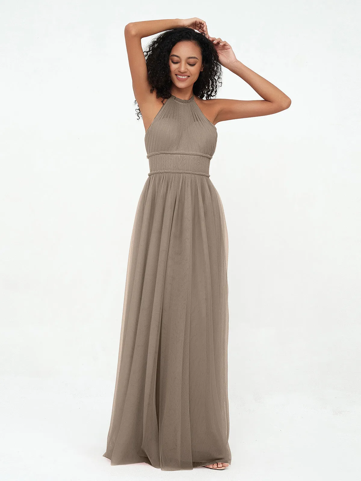 Illusion Halter Tulle Maxi Boho Dresses-Taupe