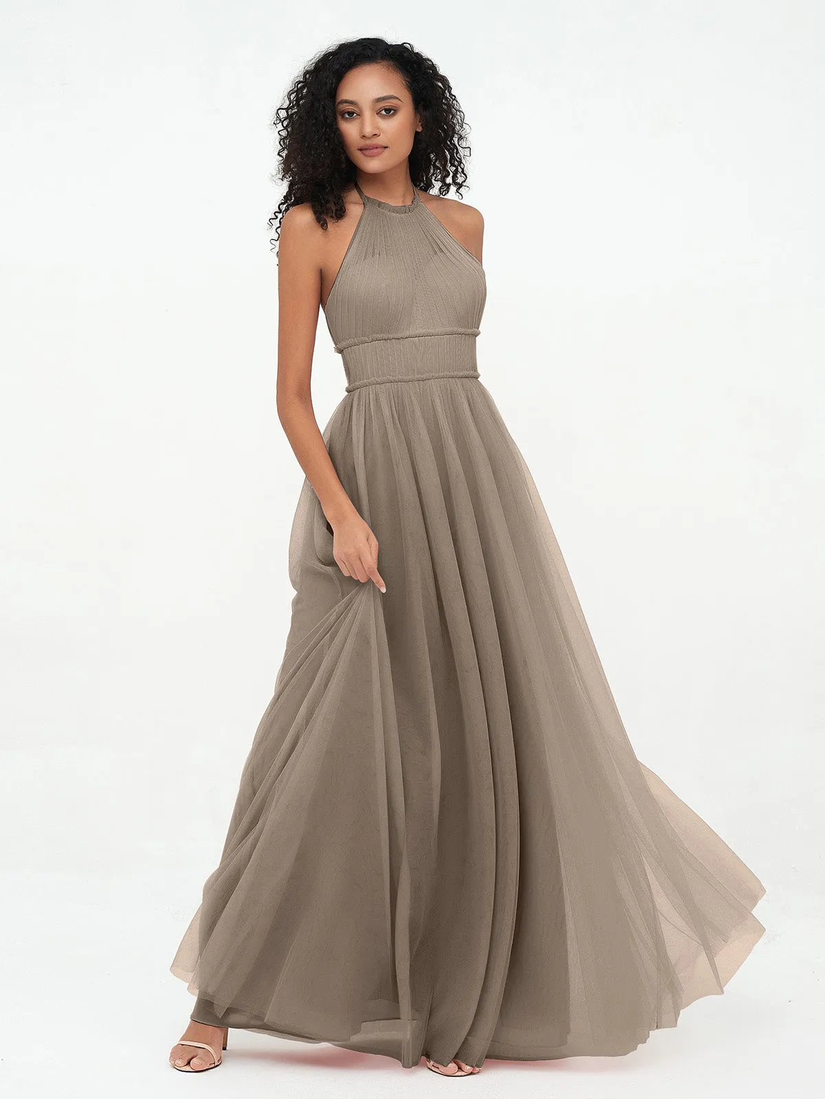 Illusion Halter Tulle Maxi Boho Dresses-Taupe