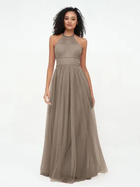 Illusion Halter Tulle Maxi Boho Dresses-Taupe