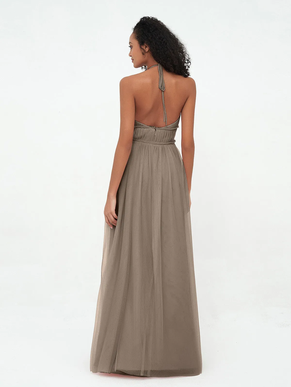 Illusion Halter Tulle Maxi Boho Dresses-Taupe