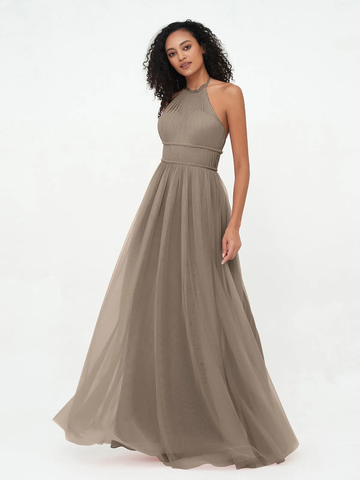 Illusion Halter Tulle Maxi Boho Dresses-Taupe