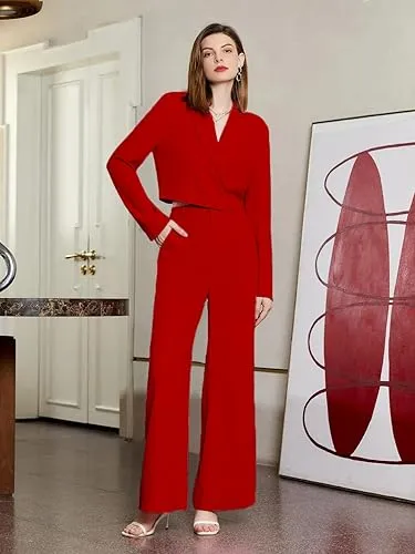 KOTTY Women's Solid Relaxed Fit Full Sleeve Co-ord Blazer and Trouser Set. Tomato red