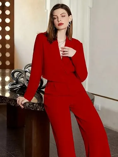 KOTTY Women's Solid Relaxed Fit Full Sleeve Co-ord Blazer and Trouser Set. Tomato red