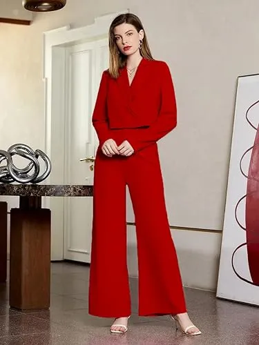 KOTTY Women's Solid Relaxed Fit Full Sleeve Co-ord Blazer and Trouser Set. Tomato red