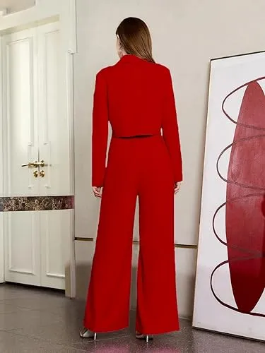 KOTTY Women's Solid Relaxed Fit Full Sleeve Co-ord Blazer and Trouser Set. Tomato red