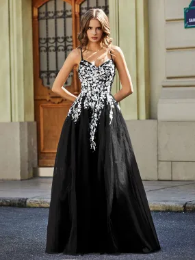 Lace Applique Open Back Long Tulle Gown Black