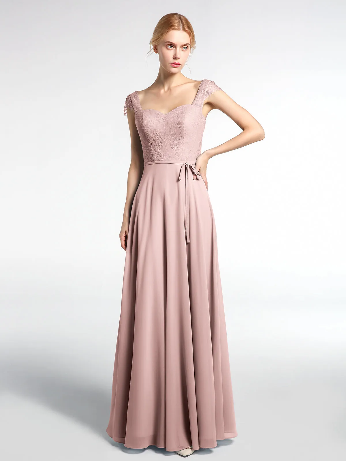 Lace Bodice Chiffon Skirt Dress with Cap Sleeves-Dusty Rose
