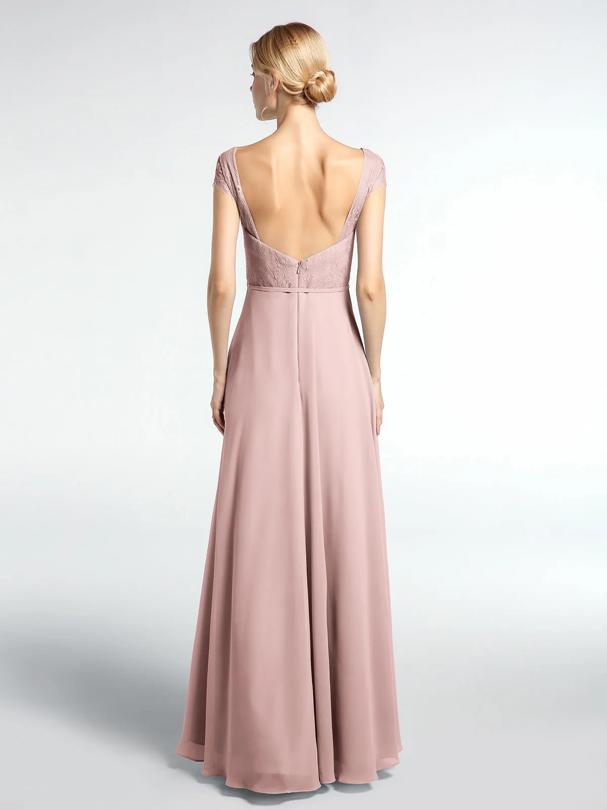 Lace Bodice Chiffon Skirt Dress with Cap Sleeves-Dusty Rose