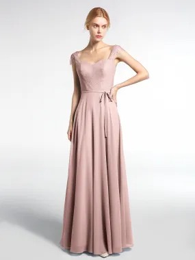 Lace Bodice Chiffon Skirt Dress with Cap Sleeves-Dusty Rose