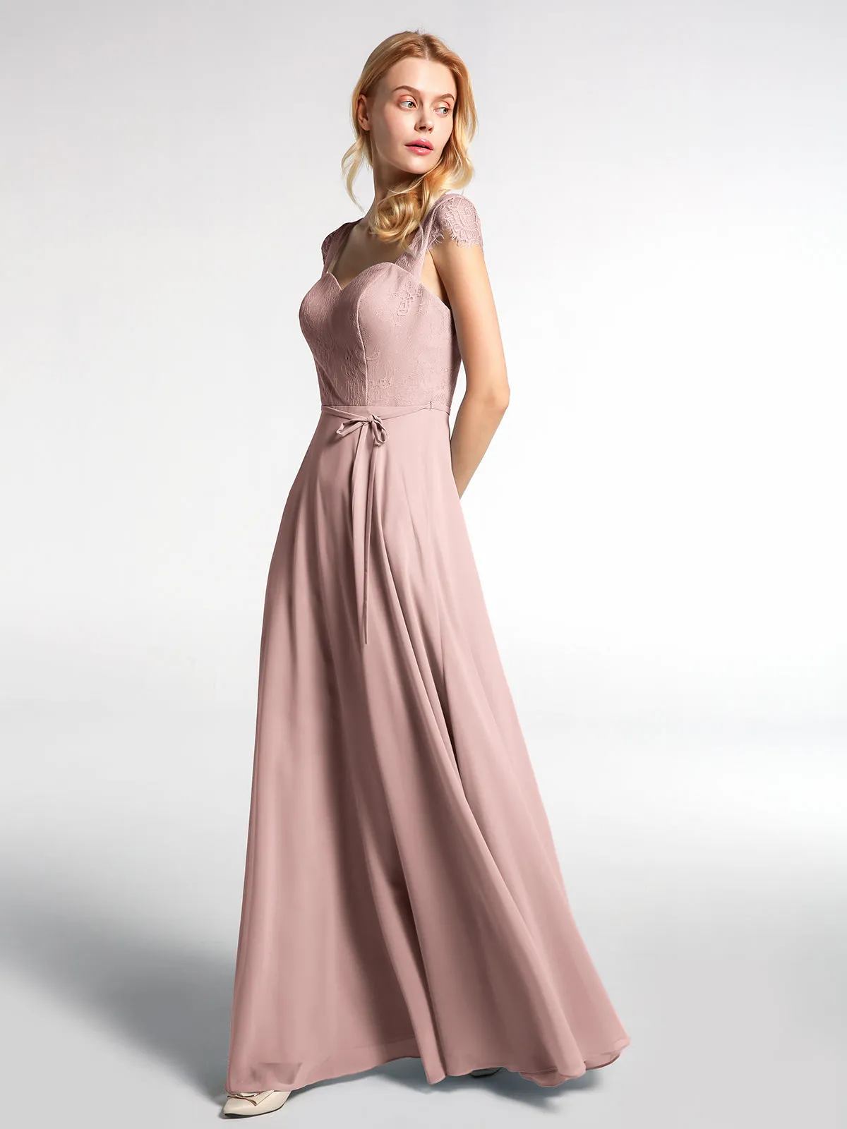 Lace Bodice Chiffon Skirt Dress with Cap Sleeves-Dusty Rose