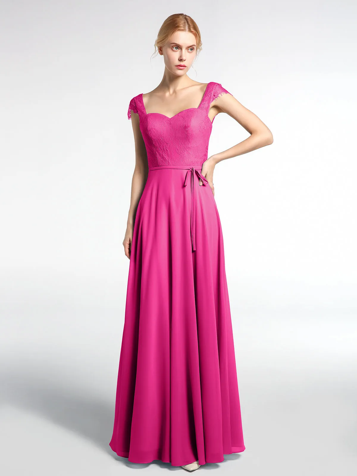 Lace Bodice Chiffon Skirt Dress with Cap Sleeves-Fuchsia Plus Size