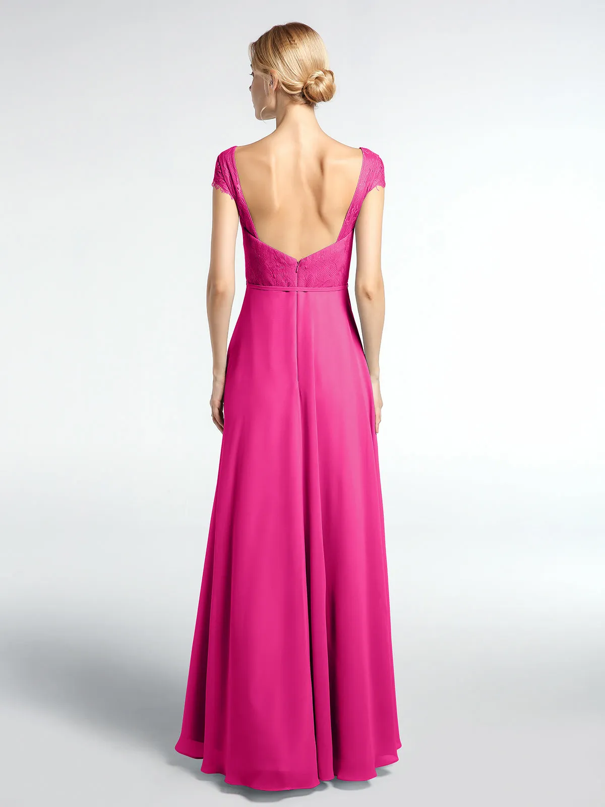 Lace Bodice Chiffon Skirt Dress with Cap Sleeves-Fuchsia Plus Size