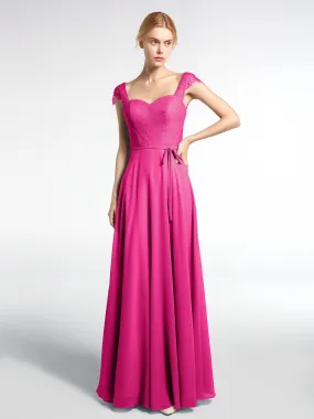 Lace Bodice Chiffon Skirt Dress with Cap Sleeves-Fuchsia Plus Size