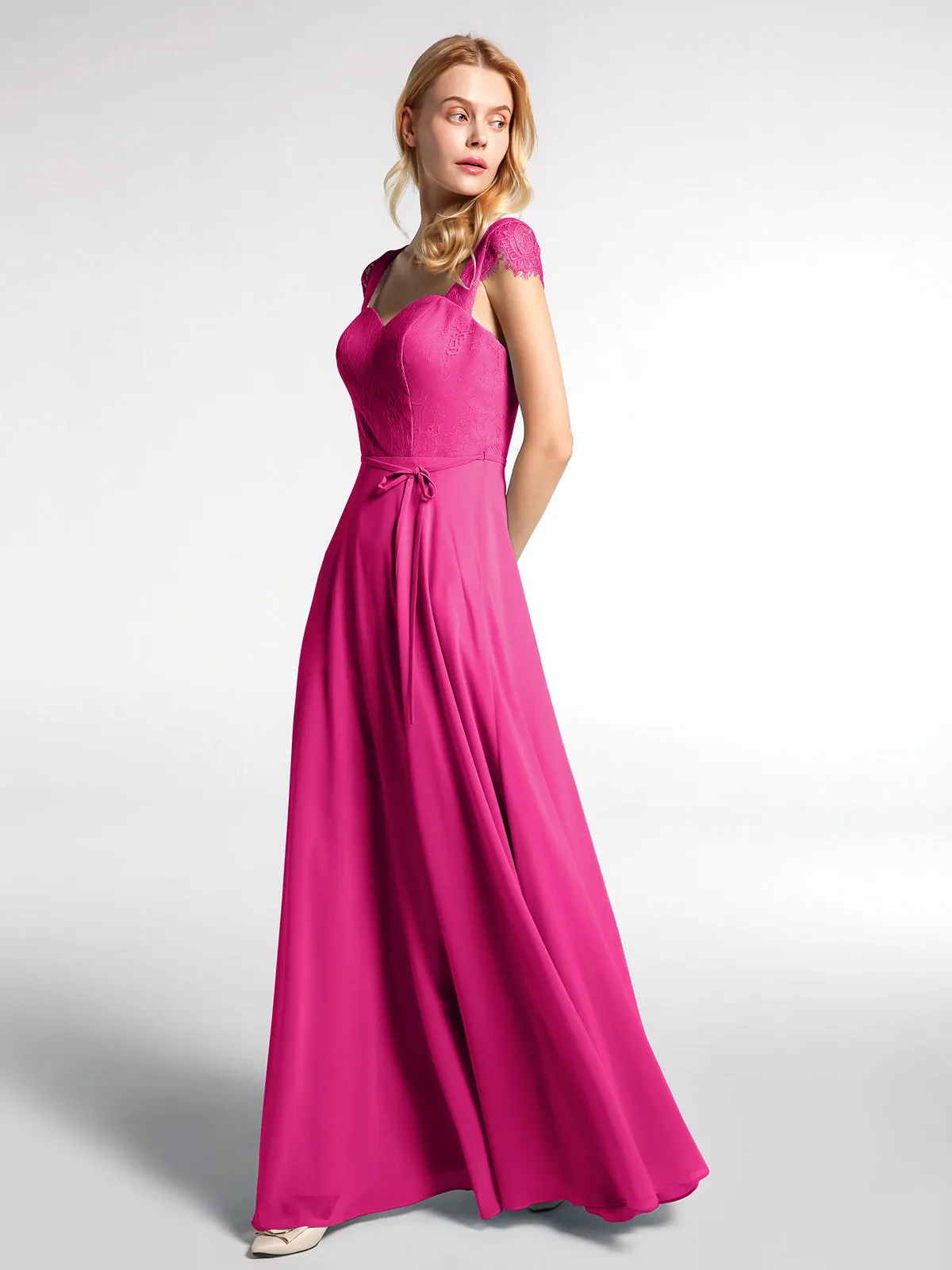Lace Bodice Chiffon Skirt Dress with Cap Sleeves-Fuchsia Plus Size