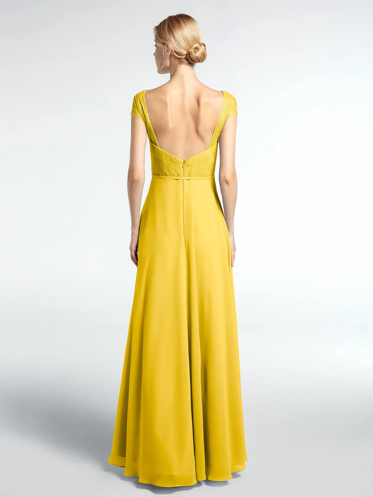 Lace Bodice Chiffon Skirt Dress with Cap Sleeves-Marigold Plus Size