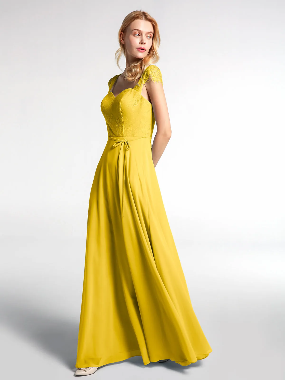 Lace Bodice Chiffon Skirt Dress with Cap Sleeves-Marigold Plus Size