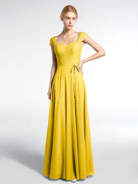 Lace Bodice Chiffon Skirt Dress with Cap Sleeves-Marigold Plus Size
