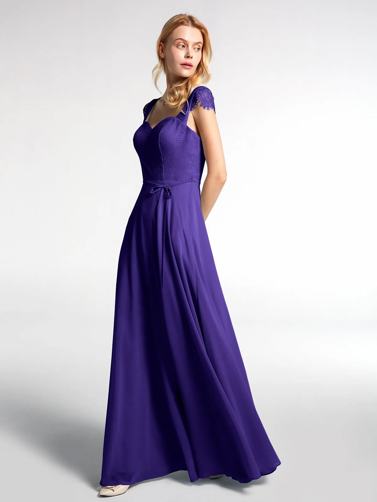 Lace Bodice Chiffon Skirt Dress with Cap Sleeves-Regency