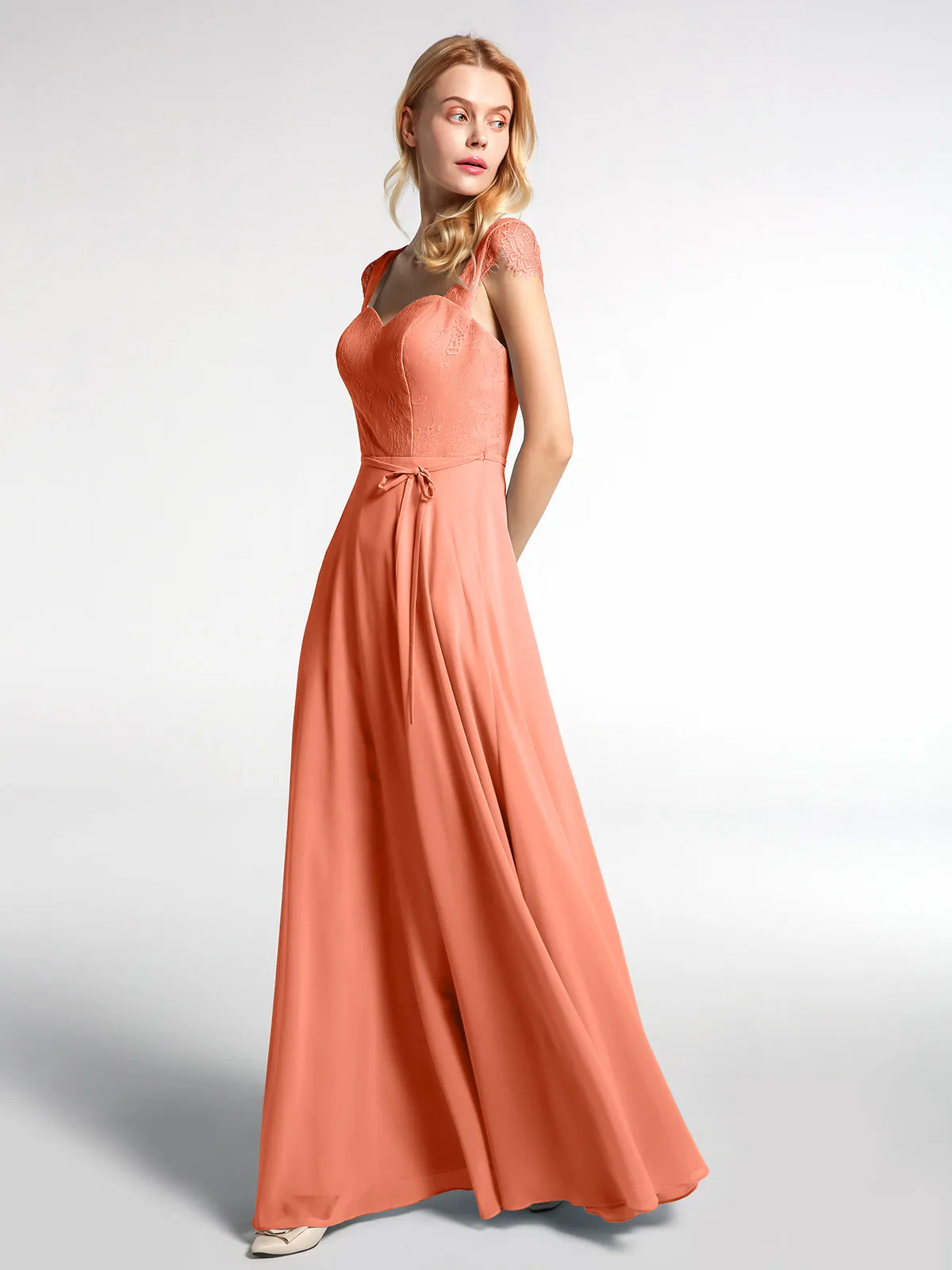 Lace Bodice Chiffon Skirt Dress with Cap Sleeves-Sunset