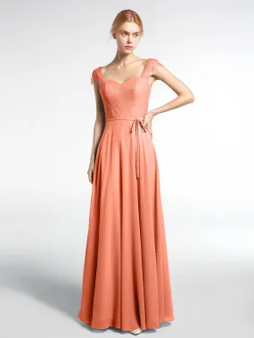 Lace Bodice Chiffon Skirt Dress with Cap Sleeves-Sunset