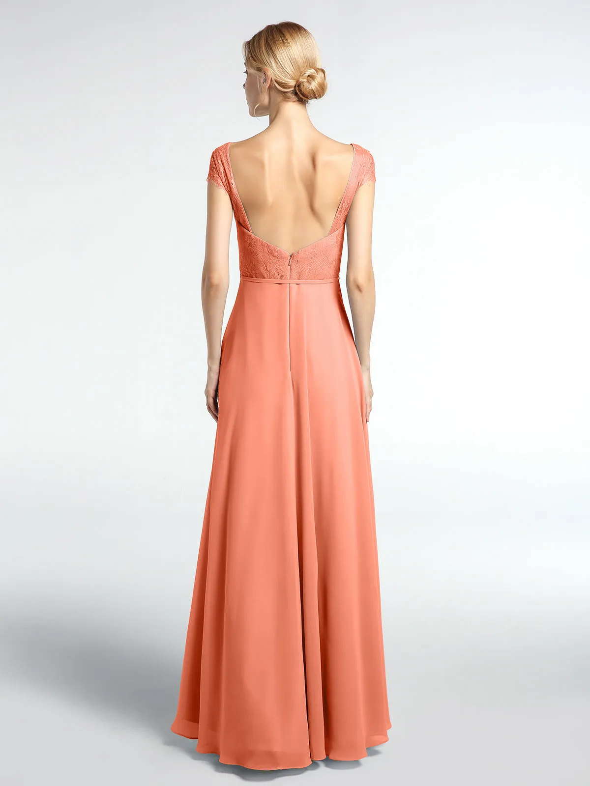 Lace Bodice Chiffon Skirt Dress with Cap Sleeves-Sunset