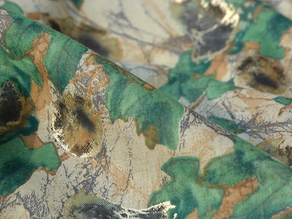 Leaf Green & Cream Floral  Pure Mul Mul Cotton Fabric