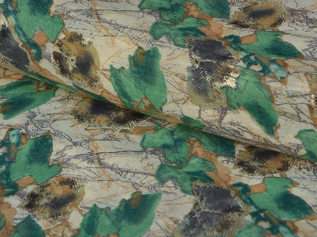Leaf Green & Cream Floral  Pure Mul Mul Cotton Fabric