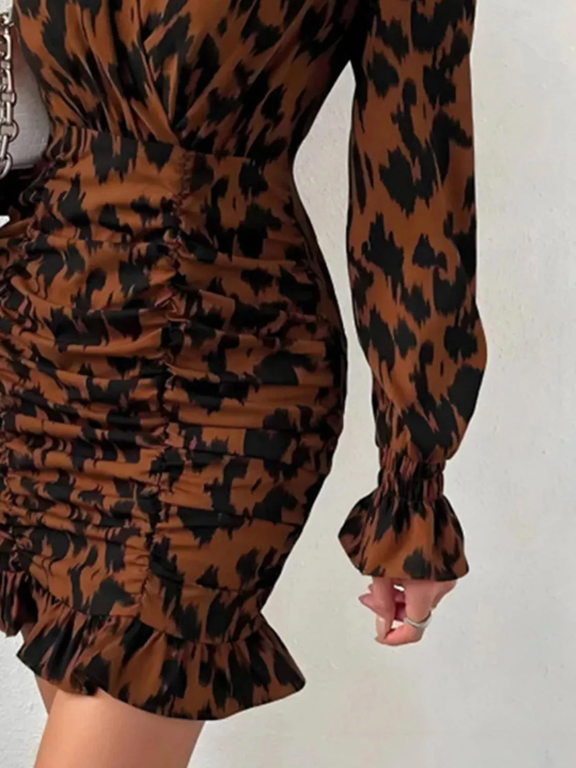 Leopard Print Ruched Dress with Ruffled Sleeves