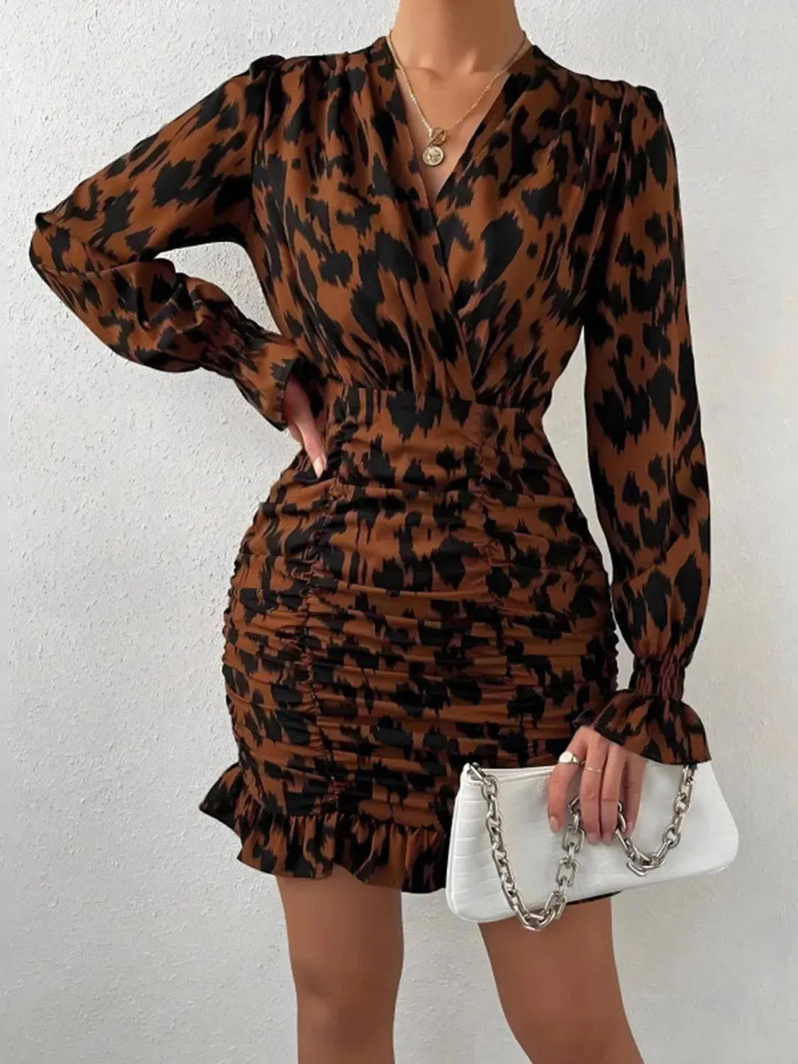 Leopard Print Ruched Dress with Ruffled Sleeves